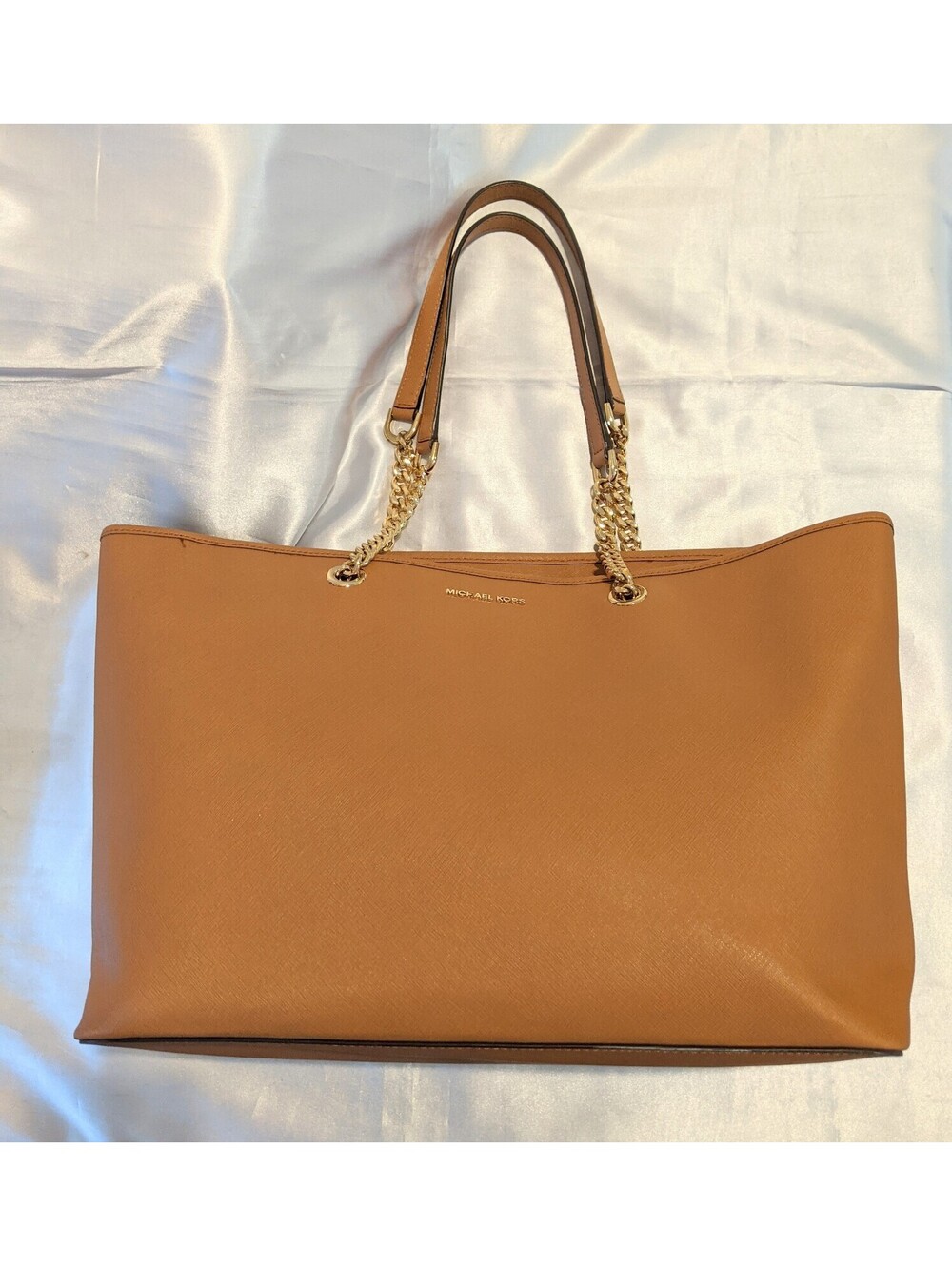 Michael Kors JET SET Brown Saffiano Leather Tote Bag Gold Chain Multi Function